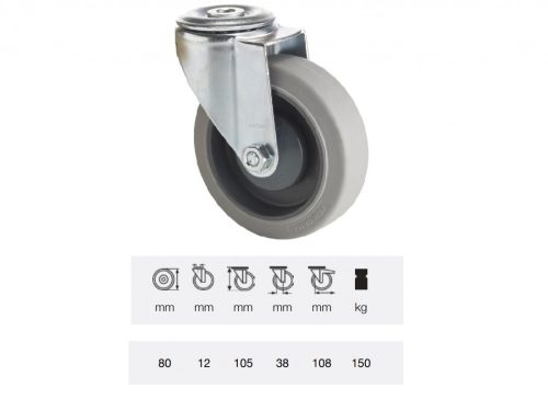 Colson - JPPF 0805 5100, Forgó kerék, horganyzott villába szerelve, prémium PERFORMA tömörgumi futófelület, 80 mm, 150 kg teherbírás, furatos felfogatás