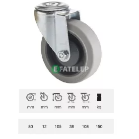   JPPF 0805 5100, Forgó kerék, horganyzott villába szerelve, prémium PERFORMA tömörgumi futófelület, 80 mm, 150 kg teherbírás, furatos felfogatás