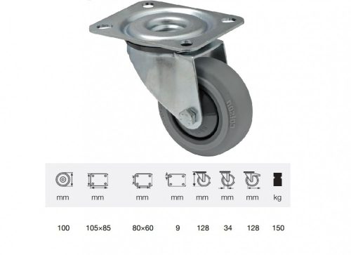 Colson - JPPF 1001 5100, Forgó kerék, horganyzott villába szerelve, prémium PERFORMA tömörgumi futófelület, 100 mm, 150 kg teherbírás, talpas felfogatás