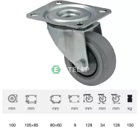  JPPF 1001 5100, Forgó kerék, horganyzott villába szerelve, prémium PERFORMA tömörgumi futófelület, 100 mm, 150 kg teherbírás, talpas felfogatás