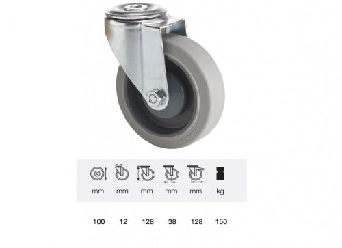 Colson - JPPF 1005 5100, Forgó kerék, horganyzott villába szerelve, prémium PERFORMA tömörgumi futófelület, 100 mm, 150 kg teherbírás, furatos felfogatás