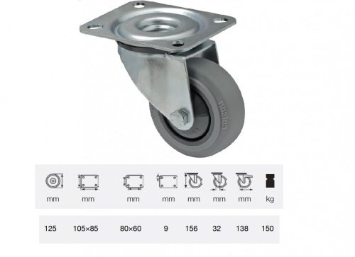 Colson - JPPF 1251 5100, Forgó kerék, horganyzott villába szerelve, prémium PERFORMA tömörgumi futófelület, 125 mm, 150 kg teherbírás, talpas felfogatás