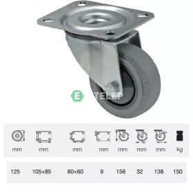   JPPF 1251 5100, Forgó kerék, horganyzott villába szerelve, prémium PERFORMA tömörgumi futófelület, 125 mm, 150 kg teherbírás, talpas felfogatás