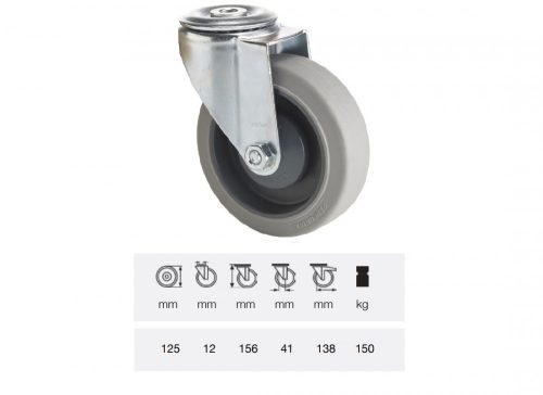 Colson - JPPF 1255 5100, Forgó kerék, horganyzott villába szerelve, prémium PERFORMA tömörgumi futófelület, 125 mm, 150 kg teherbírás, furatos felfogatás
