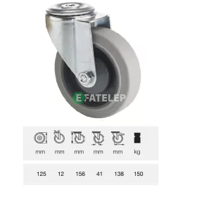   JPPF 1255 5100, Forgó kerék, horganyzott villába szerelve, prémium PERFORMA tömörgumi futófelület, 125 mm, 150 kg teherbírás, furatos felfogatás