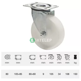   JPPN 0801 1100, Forgó kerék, (poliamid) műanyag futófelület, horganyzott villába szerelve, 80 mm, 150 kg teherbírás, talpas felfogatás