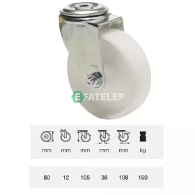   JPPN 0805 1100, Forgó kerék, (poliamid) műanyag futófelület, horganyzott villába szerelve, 80 mm, 150 kg teherbírás, furatos felfogatás