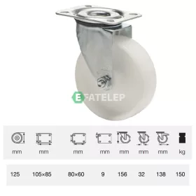   JPPN 1251 1100, Forgó kerék, (poliamid) műanyag futófelület, horganyzott villába szerelve, 125 mm, 150 kg teherbírás, talpas felfogatás