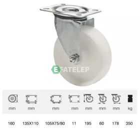   JPPN 1603 1100, Forgó kerék, (poliamid) műanyag futófelület, horganyzott villába szerelve, 160 mm, 350 kg teherbírás, talpas felfogatás