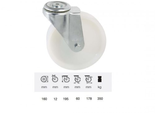 Colson - JPPN 1607 1100, Forgó kerék, (poliamid) műanyag futófelület, horganyzott villába szerelve, 160 mm, 350 kg teherbírás, furatos felfogatás
