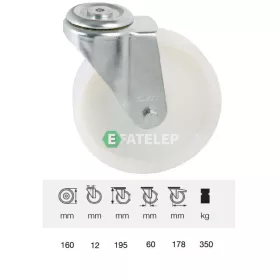   JPPN 1607 1100, Forgó kerék, (poliamid) műanyag futófelület, horganyzott villába szerelve, 160 mm, 350 kg teherbírás, furatos felfogatás