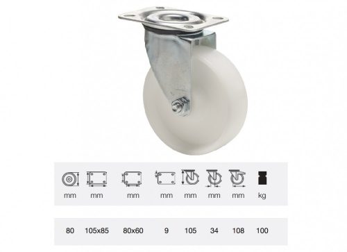 Colson - JPPP 0801 1100, Forgó kerék, (polipropilén) műanyag futófelület, horganyzott villába szerelve, 80 mm, 150 kg teherbírás, talpas felfogatás