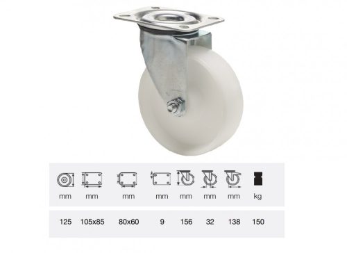 Colson - JPPP 1251 1100, Forgó kerék, (polipropilén) műanyag futófelület, horganyzott villába szerelve, 125 mm, 150 kg teherbírás, talpas felfogatás