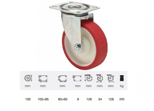 Colson - JPPU 1001 5100, Forgó kerék, Poluretán futófelülettel, horganyzott villába szerelve, 100 mm, 150 kg teherbírás, talpas felfogatás