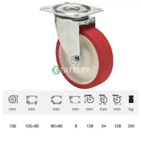   JPPU 1001 5100, Forgó kerék, Poluretán futófelülettel, horganyzott villába szerelve, 100 mm, 150 kg teherbírás, talpas felfogatás