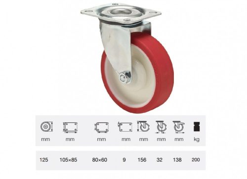 Colson - JPPU 1251 5100, Forgó kerék, Poluretán futófelülettel, horganyzott villába szerelve, 125 mm, 150 kg teherbírás, talpas felfogatás