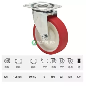   JPPU 1251 5100, Forgó kerék, Poluretán futófelülettel, horganyzott villába szerelve, 125 mm, 150 kg teherbírás, talpas felfogatás