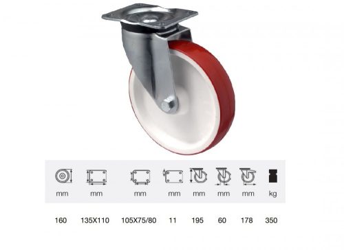 Colson - JPPU 1603 2100, Forgó kerék, Poluretán futófelülettel, horganyzott villába szerelve, 160 mm, 300 kg teherbírás, talpas felfogatás