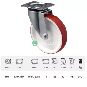   JPPU 1603 2100, Forgó kerék, Poluretán futófelülettel, horganyzott villába szerelve, 160 mm, 300 kg teherbírás, talpas felfogatás