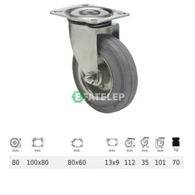   JPSG 0801 2100 L, Forgó kerék, szürke (nyommentes) gumi futófelület, 80 mm, 70 kg teherbírás, talpas felfogatás