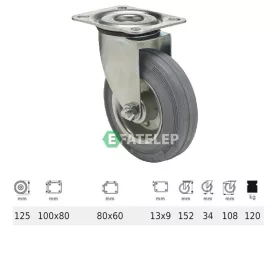   JPSG 1251 2100 L, Forgó kerék, szürke (nyommentes) gumi futófelület, 125 mm, 120 kg teherbírás, talpas felfogatás