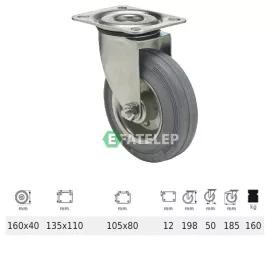   JPSG 1603 2100 W, Forgó kerék, szürke (nyommentes) gumi futófelület, 160 mm, 160 kg teherbírás, talpas felfogatás