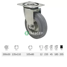   JPSG 2003 2100 W, Forgó kerék, szürke (nyommentes) gumi futófelület, 200 mm, 205 kg teherbírás, talpas felfogatás