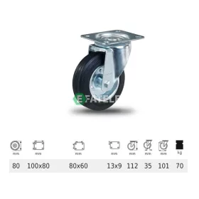   JPSM 0801 2100 L, Forgó kerék, fekete gumi futófelület, 80 mm, 70 kg teherbírás, talpas felfogatás