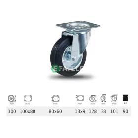   JPSM 1001 2100 L, Forgó kerék, fekete gumi futófelület, 100 mm, 90 kg teherbírás, talpas felfogatás