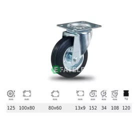   JPSM 1251 2100 L, Forgó kerék, fekete gumi futófelület, 125 mm, 120 kg teherbírás, talpas felfogatás