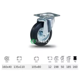  JPSM 1603 2100 W, Forgó kerék, fekete gumi futófelület, 160 mm, 160 kg teherbírás, talpas felfogatás