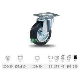   JPSM 2003 2100 W, Forgó kerék, fekete gumi futófelület, 200 mm, 205 kg teherbírás, talpas felfogatás