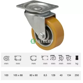   JTAU 1002 6150, Forgó kerék, Poluretán futófelülettel, horganyzott villába szerelve, 100 mm, 250 kg teherbírás, talpas felfogatás