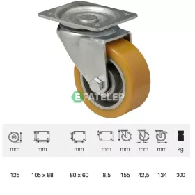   JTAU 1252 6150, Forgó kerék, Poluretán futófelülettel, horganyzott villába szerelve, 125 mm, 300 kg teherbírás, talpas felfogatás