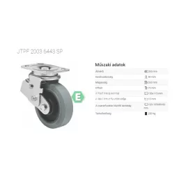   JTPF 2003 6443 SP prémium PERFORMA tömörgumi futófelület, 200 mm átmérő, 250 kg teherbírás, golyós csapágyazás