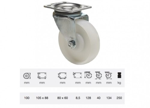 Colson - JTPN 1002 5100, Forgó kerék, (poliamid) műanyag futófelület, horganyzott villába szerelve, 100 mm, 250 kg teherbírás, talpas felfogatás