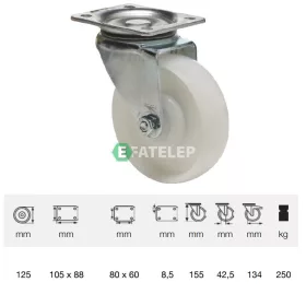   JTPN 1252 5100, Forgó kerék, (poliamid) műanyag futófelület, horganyzott villába szerelve, 125 mm, 250 kg teherbírás, talpas felfogatás