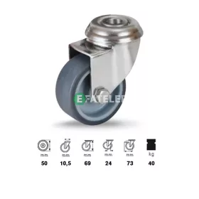   JXPE 0505 1000 P rozsdamentes intézményi görgő, 50 mm-es kerékkel, 40 kg teherbírással, egy furatos felfogatással, önbeálló villába szerelve