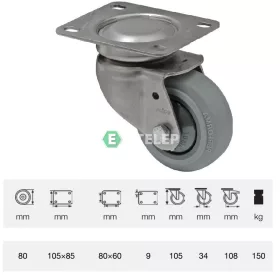   JXPF 0801 7100, Forgó kerék, rozsdamentes villába szerelve, prémium PERFORMA tömörgumi futófelület, 80 mm, 150 kg teherbírás, talpas felfogatás