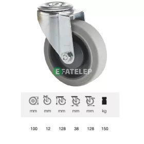   JXPF 1005 7000, Forgó kerék, rozsdamentes villába szerelve, prémium PERFORMA tömörgumi futófelület, 100 mm, 150 kg teherbírás, furatos felfogatás