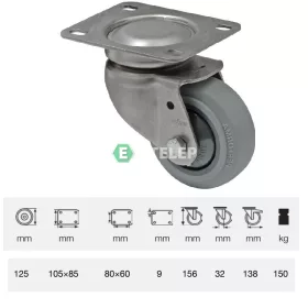   JXPF 1251 7100, Forgó kerék, rozsdamentes villába szerelve, prémium PERFORMA tömörgumi futófelület, 125 mm, 150 kg teherbírás, talpas felfogatás