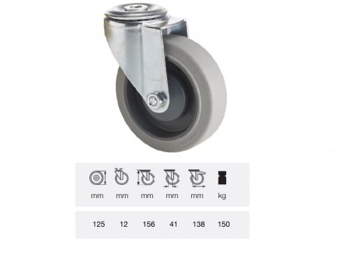 Colson - JXPF 1255 7000, Forgó kerék, rozsdamentes villába szerelve, prémium PERFORMA tömörgumi futófelület, 125 mm, 150 kg teherbírás, furatos felfogatás