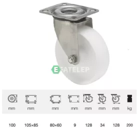   JXPN 1001 1100, Forgó kerék, (poliamid) műanyag futófelület, rozsdamentes villába szerelve, 100 mm, 200 kg teherbírás, talpas felfogatás