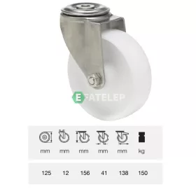  JXPP 1255 1000, Forgó kerék, (polipropilén) műanyag futófelület, rozsdamentes villába szerelve, 125 mm, 180 kg teherbírás, furatos felfogatás