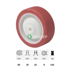   WPPU 0802 5080, Poluretán futófelület, 80 mm átmérő, 150 kg teherbírás, golyós csapágyazás