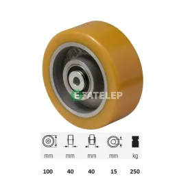  WTAU 1002 6150, Poluretán futófelület, 100 mm átmérő, 250 kg teherbírás, dupla golyós csapágyazás