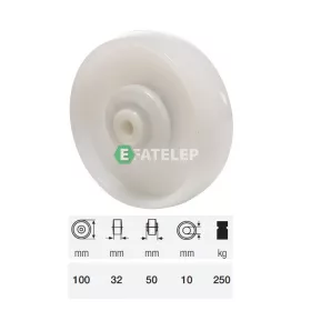   WTPN 1002 5000, (poliamid) műanyag futófelület, 100 mm átmérő, 250 kg teherbírás, golyós csapágyazás